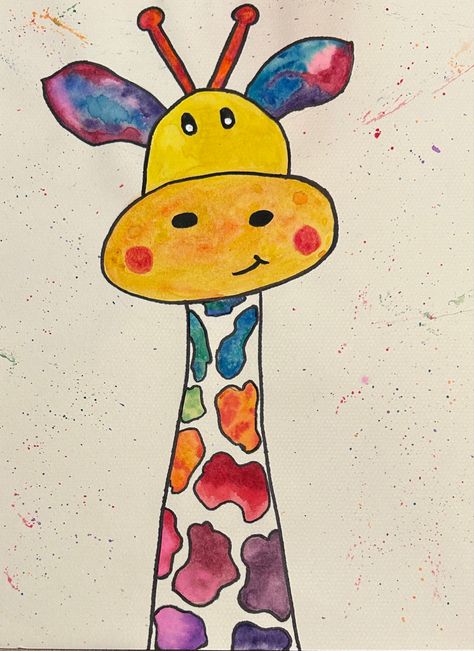 Watercolor painting of a giraffe for kids Whimsical Giraffe Art, Bee Happy Painting, Happy Paintings Easy, Giraffe Art For Kids, Watercolor Birthday Cards Diy, Birthday Watercolor Painting, Watercolour For Kids, Watercolor Projects For Kids, Watercolor For Kids