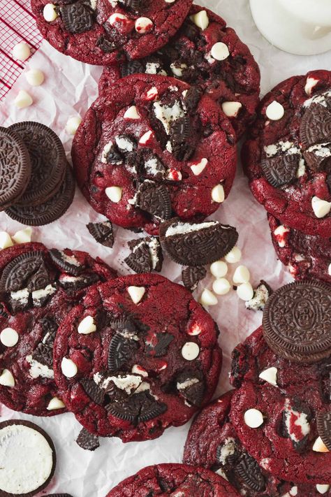 Crushed Oreo Red Velvet Cookies Oreo Cookie Valentine Ideas, Crushed Oreo Red Velvet Cookies, Red Velvet Marshmallow Cookies, Red Velvet Cookies And Cream Cookies, Maroon Cookies, Red Velvet Food, Cookie Flavors Ideas, Red Velvet Oreo Truffle Brownies, Red Velvet Cookies And Cream