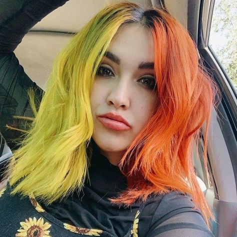 Half Orange Hair, Alternative Fashion Outfits, Split Dyed Hair, Multi Colored Hair, Semi Permanent Hair Color, Sunset Orange, Alternative Style, Arctic Fox, Hair Dye Colors