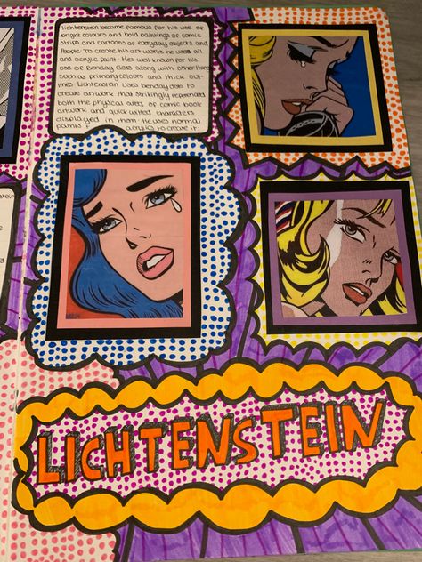 Pop Art Sketchbook Page, Pop Art Title Page Gcse, Roy Lichtenstein Artist Research Page, Pop Art Research Page, Colour Theory Sketchbook Page, Artist Analysis, Hsc Art, Andy Warhol Artwork, Layers Art