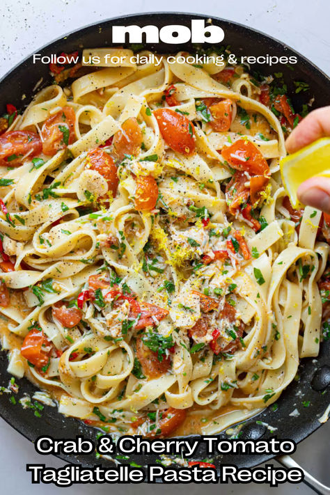 This crab & cherry tomato tagliatelle pasta recipe combines the natural sweetness of cherry tomatoes and crab to create a delightful and celebratory dish. This simple yet elegant tagliatelle pasta recipe is a wonderful choice for those who appreciate the nuances of Italian cuisine. The pairing of crab and cherry tomatoes enhances the delicate flavours of the tagliatelle, resulting in a harmonious balance of tastes. Tomato Tagliatelle, Tuna Pasta Bake, Tagliatelle Pasta, Italian Pasta Recipes, Light Salad, Sausage Pasta, Cherry Tomato, Italian Pasta, Homemade Pasta