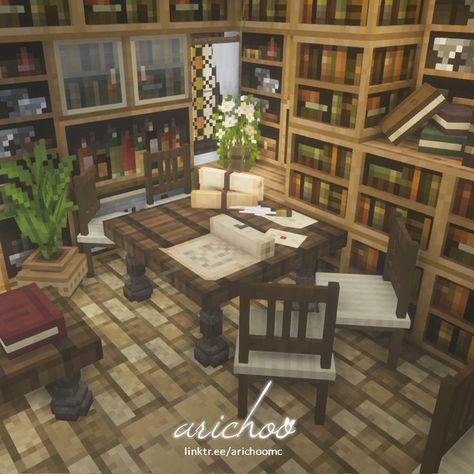 Cottage Core Library, Cottage Kitchen Interior, Minecraft Library Ideas, Medieval Library, Interior Library, Cottage Build, Minecraft House Interior, Minecraft W, Cottagecore Minecraft