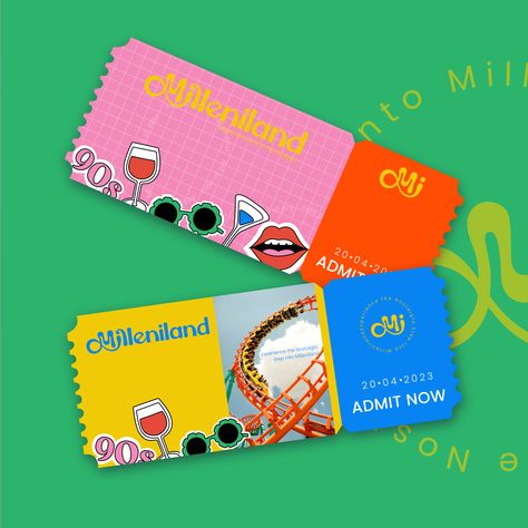 Ticket Design//Ticket Design For Theme Park//90s Style Design// 90s Inspired Amusement Park Ticket Design, Theme Park Graphic Design, Creative Ticket Design, Ticket Illustration Design, Theme Park Branding, Travel Ticket Design, Ticket Graphic Design, Enhypen Freebies, Event Ticket Design