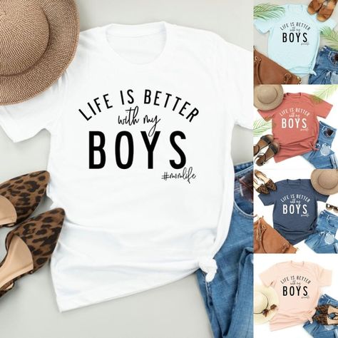 https://www.wish.com/search/women t-shirt/product/5eaa6de39063710fc3652c4c?share=web T-shirt Quilts, Mom Of Boys Shirt, Boy Mama, Cute Shirt Designs, Boys Graphic Tee, Vinyl Shirts, Funny Mom Shirts, My Boys, Gift For Mother