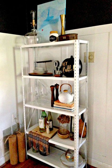 walmart how to make an industrial dining room shelf, diy, home decor, painted furniture, shelving ideas Ikea White Shelves, Dining Room Shelf, Industrial Dining Room, Small Apartment Kitchen Decor, Dining Chair Makeover, Shelf Makeover, Industrial Shelves, Shelf Arrangement, Dining Room Shelves