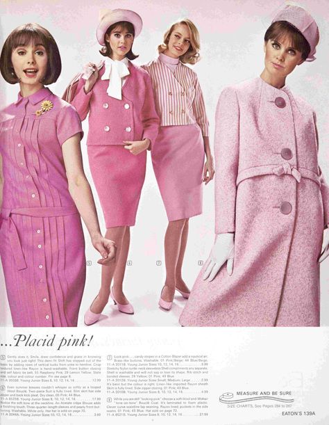 1965 Eatons Spring Summer - unknown, Colleen Corby, unknown, Kathy McKay Colleen Corby, Fashion Week Hair, Vintage Fashion 1960s, 60s Women, 1960 Fashion, Fashion 1960s, 20th Century Fashion, Sixties Fashion, Pink Dresses