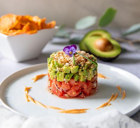 Avocado-Tomato Tartare – CHEZ CHANELLE Tomato Tartare, Avocado Tartare, Japanese Spices, Avocados From Mexico, Dried Orange Peel, Food Mold, Spicy Mayo, Sweet Potato Chips, Red Chili Peppers