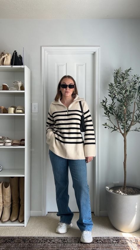 Half Zip Outfit, Half Zip Sweater Outfit, Zip Sweater Outfit, White Sneakers Outfit, Chic Clothing Style, Oversized Sweater Outfit, Half Zip Sweater, Simple Fall Outfits, Outfit White