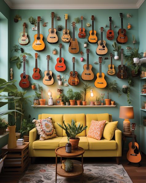 Charming living room with lots of ukuleles and guitars Ukulele Display Ideas, Ukulele On Wall Decor, Musician Room Aesthetic, Ukulele Display, Musician Room, Florida Room, Guitar Wall, Awesome Sauce, Interior Designing