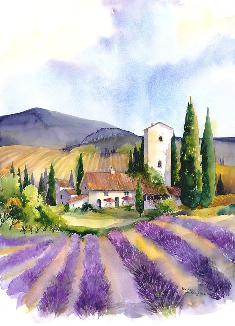 Italy Painting, Cat Air, 수채화 그림, Watercolor Landscape Paintings, Beginner Painting, Lavender Fields, Watercolor Inspiration, Water Painting, Watercolor Techniques