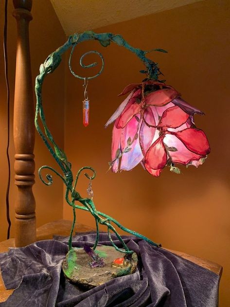 Flower Lamps, Resin Crystals, Fairy Room, Fairytale Forest, Rustic Rose, Whimsical Flower, Rose Vine, Crystal Hanging, Forest Light