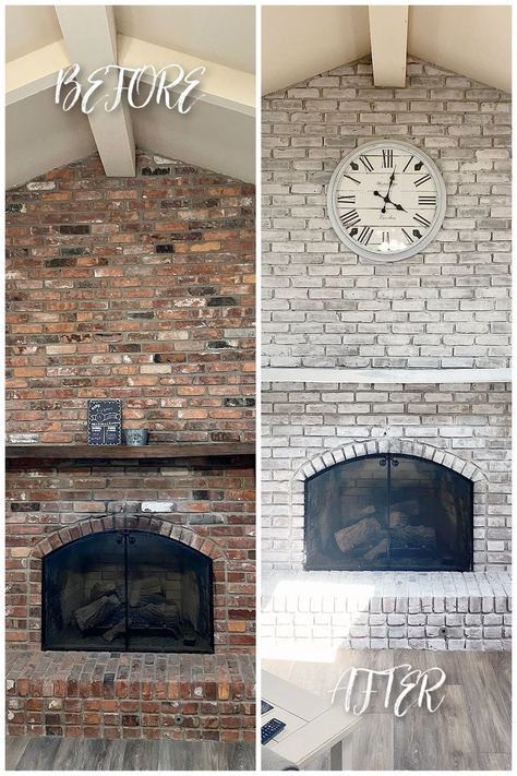 White Wash Fireplace Brick, Whitewash Brick Fireplace, Fireplace Updates, Brick Fireplace Remodel, Whitewash Brick, White Wash Fireplace, White Wash Brick Fireplace, Stove Ideas, Farmhouse Fireplace Decor