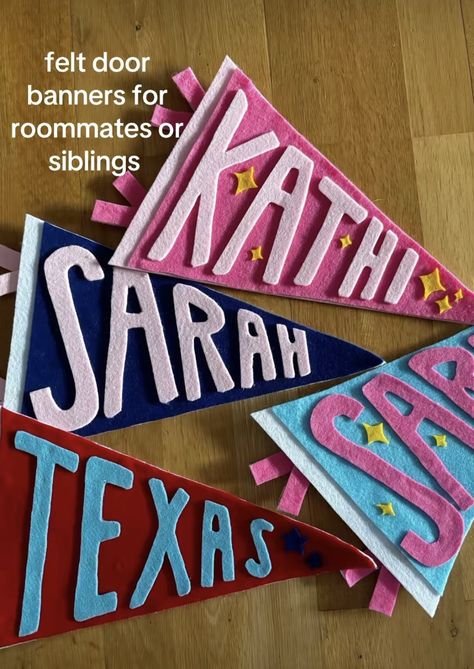 Dorm Bright Colors, Boarding School Room Decor, Diy Flag Pennant, Name Pennant Banner Diy, Flag Pennant Banner, Door Name Signs College, Diy Felt Name Pennant, Diy College Decor Wall Art, College Banners Ideas