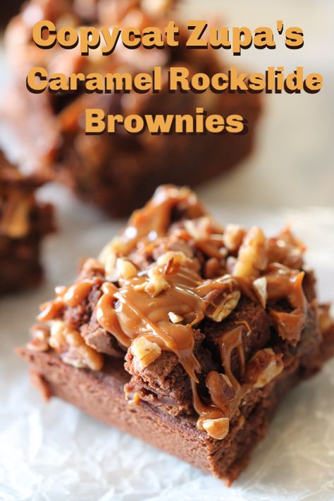 You'll love these Copycat Zupa's Caramel Rockslide Brownies. Fudgy and so easy to make. #sixsistersstyle #dessert #chocolate #copycat Rockslide Brownie, Keto Pumpkin Spice Latte, Cookie Dough Cake, Fudgy Brownie Recipe, Six Sisters Stuff, Keto Pumpkin, Chocolate Squares, Delicious Brownies, Caramel Topping