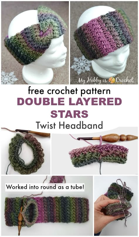 This pretty twist headband featuring the star stitch is crocheted in the round as a long tube, then the short ends are seamed together with a twist. Free Crochet Ear Warmers, Crochet Armigami, Ear Warmer Crochet Pattern Free, Free Crochet Halloween, Crochet Ear Warmer Free Pattern, Crochet Halloween Patterns, Crochet Ear Warmers, Crochet Ear Warmer Pattern, Ear Warmer Pattern