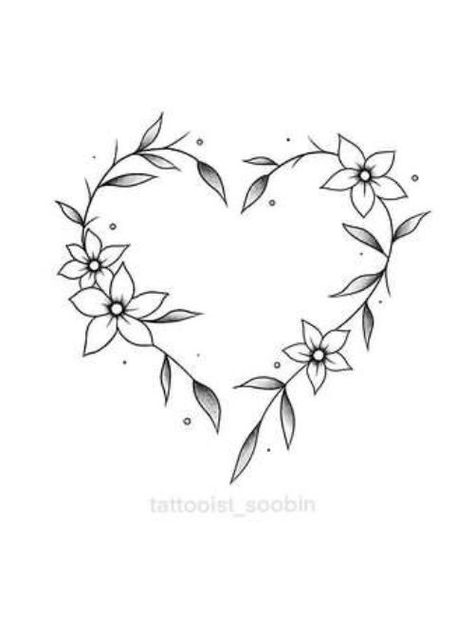 Flash Tattoo Heart, Human Heart Outline, Heart Flower Tattoo, Heart Outline Tattoo, Flower Vine Tattoos, Cute Owl Tattoo, Dragon Tattoo Ideas, Wreath Tattoo, Vine Drawing