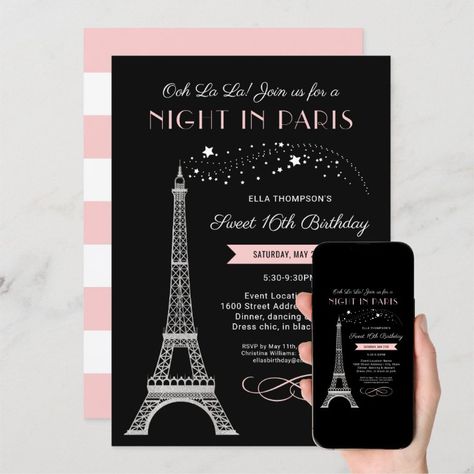 Dance Invitation, Gold Engagement Party, Paris Bridal Shower, Pink Engagement, Night In Paris, Paris Birthday, 16th Birthday Invitations, Wedding Bachelorette Party, Sweet 16 Birthday Party