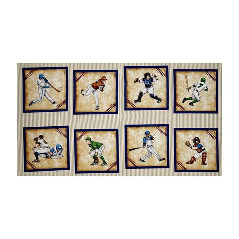 Grand Slam Baseball Player Picture 24" Patches Panel Cream from @fabricdotcom  Designed by Dan Morris for Quilting Treasures, this baseball themed cotton print is perfect for apparel, quilting and home decor accents. This panel measures 24" x 44" with each patch measuring 9" x 9". Colors include black, shades of blue, brown, green, red, grey, gold, tan, white and ivory. Nylon Crafts, Baseball Quilt, Baseball Fabric, Wholesale Crafts, Cotton Gauze Fabric, Quilting Room, Novelty Fabric, Home Decor Accents, Muslin Fabric