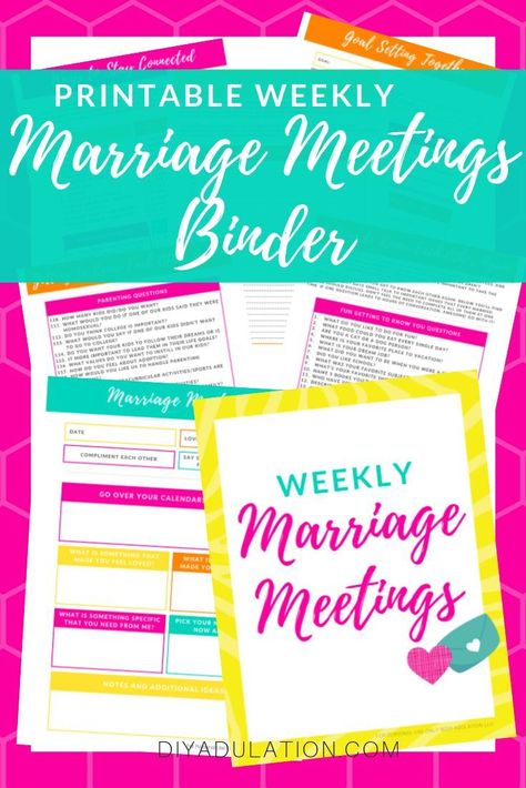 Printable Weekly Marriage Meetings Binder | Remember that feeling of butterflies when you and your husband first got married? You were excited to spend your free time together and you loved showing your love with sweet surprises and thoughtful acts.  The Weekly Marriage Meetings Binder is an easy and fun way to reconnect with your spouse and start living your lives together with purpose and intention.  #marriagetips #marriagemeetings #relationships #strongmarriage #printables Marriage Meeting, Bath Bomb Recipes, Strong Marriage, Meeting Notes, Christmas Gifts For Husband, Marriage Relationship, That Feeling, Start Living, Marriage Tips