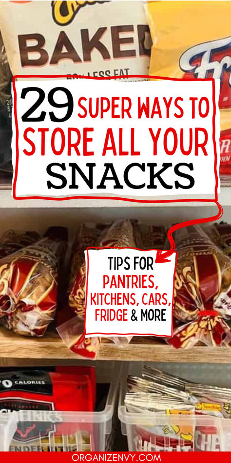 A snack station in a pantry with under shelf basket and clear handled bins How To Store Chips Bags In Pantry, Snack Food Organization, Small Pantry Snack Organization, Pantry Organization For Chips, Storing Chips In Pantry Storage Ideas, Kitchen Snack Organization, Countertop Snack Organization, Gatorade Storage Ideas, Pantry Chip Organization