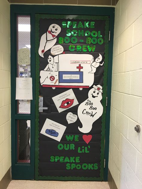 Bulletin Board Decor, School Nurse, Halloween Nurse, Halloween Door, Nursing School, Bulletin Boards, Bulletin Board, Art Quotes, Chalkboard