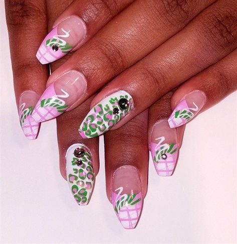 Aka Sorority Nails, Alpha Kappa Alpha Nails, Aka Nail Designs, Wicked Inspired Nails Pink And Green, Pink And Green Nails Aka, Aka Nails, Pink And Green Aka Wallpaper, Sorority Nails, Aka Sorority Tumbler Cups