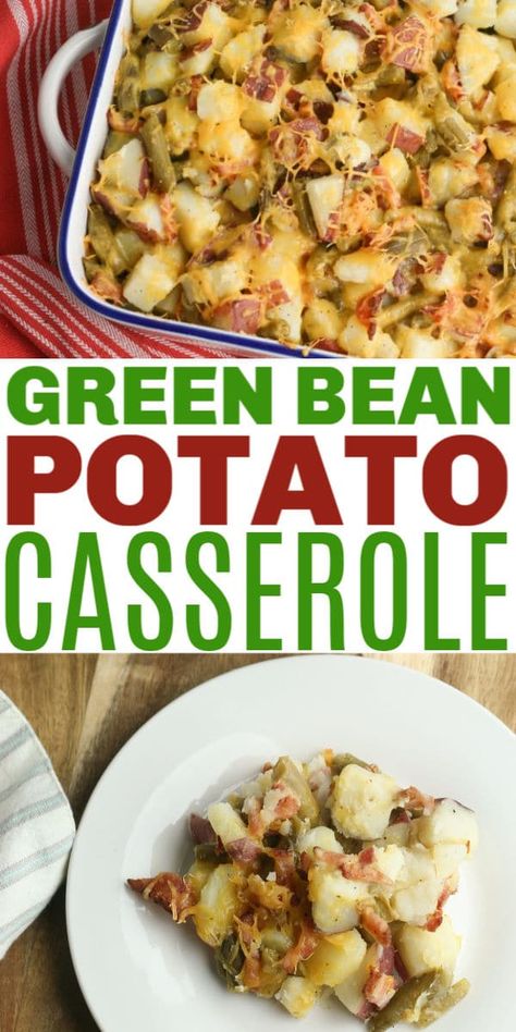 This green bean potato casserole can be a main dish or a side dish. Either way your family will love the flavors in this easy casserole recipe. #greenbeans #casseroles #greenbeancasserole Green Bean Potato Casserole, Canned Green Bean Recipes, Green Bean Casserole Bacon, Ultimate Green Bean Casserole, Easy Casserole Recipe, Slow Cooker Green Beans, Homemade Green Bean Casserole, Green Bean Casserole Easy, Green Beans Side Dish