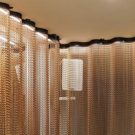 Metal Fabric - Undulating Space Dividers from Kriskadecor Metal Room Dividers, Projection On Fabric, Metallic Curtains, Fabric Divider, Fabric Partition, Metalic Fabric, Back Bar Design, Fabric Interior Design, Metal Divider