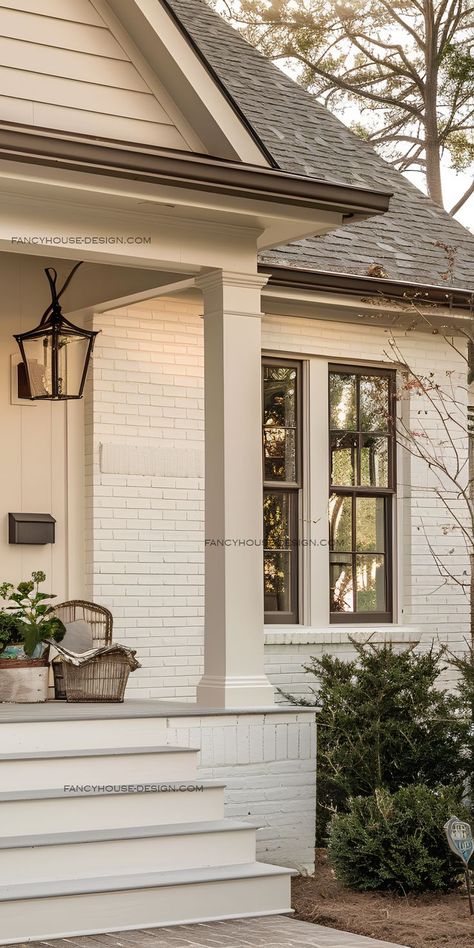 The door in rich brown tones enhances the home's charm and provides a warm, inviting look. Decorative Trim Around Front Door, Front Side Porch Ideas, Brick And Hardy Board House Exterior, Front Door On Side Of House, Farmhouse Exterior With Brick, Brown Front Door Colors, Farmhouse Doors Exterior Front Entrances, Front Door Roof, White Ranch House Exterior