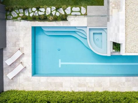 L A G U N A P O O L S on Instagram: "From above... Can you see the tiled panels on the floor of the shallow end of this Laguna Pool? ​ ​These panels conceal the housing for a recessed, automatic security pool cover. At the touch of a button a Sunbather pool cover extends up the wall and out across the surface of the whole pool- keeping out debris and conserving energy, chemicals and water. ​ ​Laguna Pools | Enhancing Lifestyles ​ ​Architect @robsonrakarchitects ​House Build: @lba_construction Laguna Pools, Lap Pool Designs, Swimming Pool Fountains, Pool Tiles, Pool Fountain, Fountain Design, Pool Construction, Lap Pool, Pool Builders