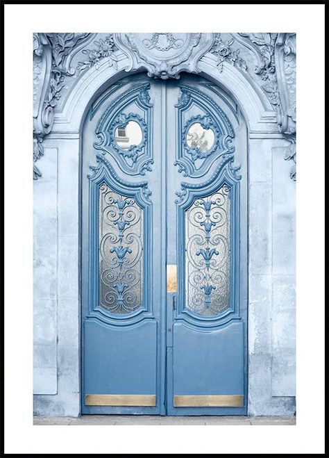 Photograph of a façade with a blue door and golden details. The door and façade are covered in organic ornaments and rocaille that bring your mind back to the monumental era of 18th century of France.  The poster has a printed white margin that frames the design. Organic Ornaments, Door Poster, European Doors, Gorgeous Doors, Gallery Wall Inspiration, Door Inspiration, Poster Store, French Chateau, Blue Door