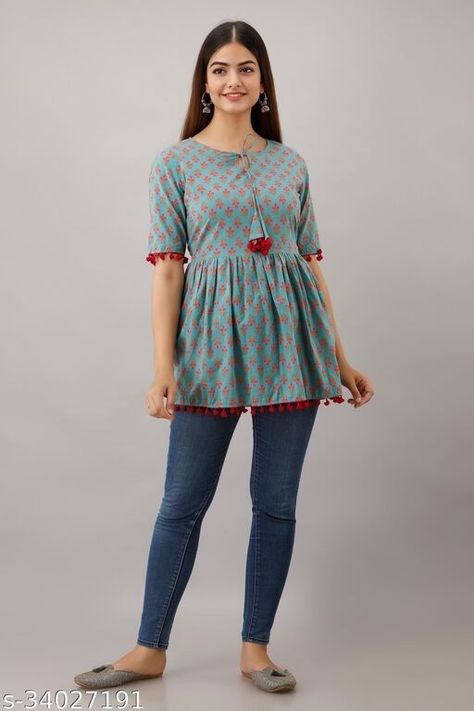 Top For Jeans Indian, Cotton Tops For Jeans, Short Kurti Designs, Cotton Short Tops, Peplum Design, Stylish Kurtis Design, Simple Kurta Designs, Simple Kurti Designs, Womens Trendy Dresses