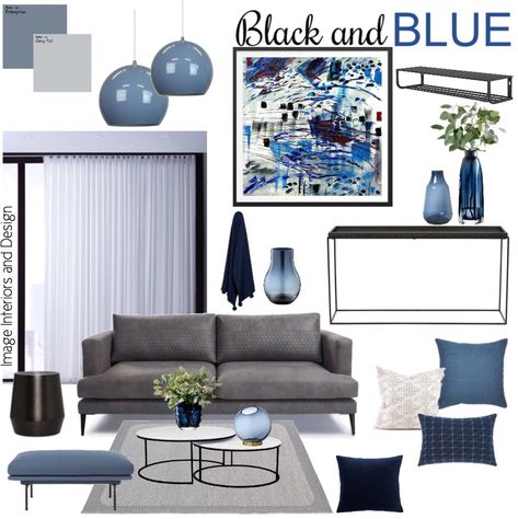 Dark Grey Couch Living Room Blue Accents, Grey Blue Black Living Room Ideas, Charcoal Grey And Blue Living Room, Blue Black Interior Design, Black And Blue Decor Living Room, Black White And Blue Living Room Decorating Ideas, Blue And Black Apartment Decor, Black White Blue Living Room, Dark Blue And Grey Living Room