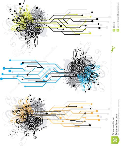 Illustration about Grunge circuit board design using electronic circuit patterns and swirling circles. A mix of electronic and natural elements. White background. Illustration of lines, colours, swirling - 3363013 Circuit Design Art, Circuit Board Tattoo, Circuit Tattoo, Circuit Pattern, Electricity Art, Electronic Tattoo, Tech Tattoo, Typographie Logo, Cyberpunk Tattoo