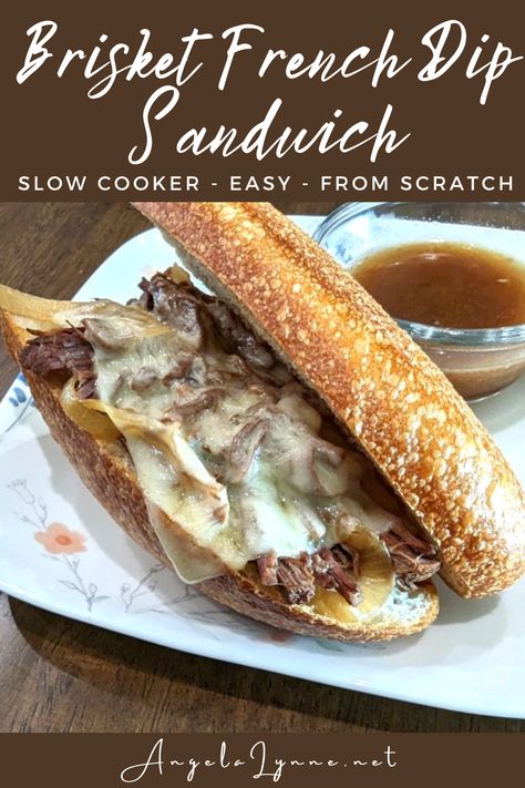 Brisket French Dip Sandwich Beef Brisket Sandwich Recipes, Brisket French Dip Sandwiches, Brisket Sandwiches Ideas, Slow Cooker Brisket Sandwiches, Beef Brisket Recipes Crockpot, French Dip Crock Pot Shaved Beef, Deli Roast Beef French Dip Sandwich, Brisket Sandwich Recipe, Slow Cooker French Dip Sandwiches Au Jus