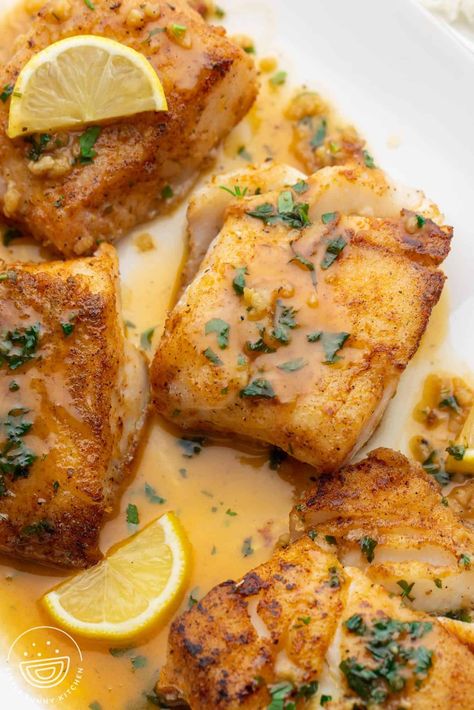 Lemon Sauce For Fish, Fish Recipes Pan Seared, Cod Loin Recipes, Pan Seared Cod, Cod Fillet Recipes, Sauteed Fish, Seared Cod, Lemon Fish, Little Sunny Kitchen