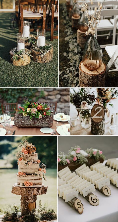 budget friendly diy wedding decoration with wood stump Wooden Theme Wedding Decor, Wood Ideas For Wedding, Outdoor Wood Wedding Ideas, Wood Themed Wedding Centerpieces, Wood Themed Wedding Decorations, Boho Farmhouse Wedding Table Decor, Rustic Wedding On A Budget Diy, Wedding Wood Theme, Stumps Wedding Decor