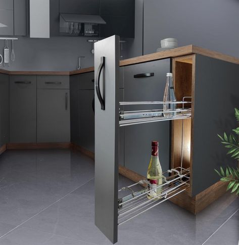 This exceptionally narrow pull-out is perfectly suited for between 15 and 30 cm wide base cabinets. It comes in a space-efficient, partially mounted configuration that occupies only one-third of the space required by similar fittings. This 15 cm wide niche unit is an excellent choice for creating a compact and slender pull-out larder or food storage solution, detergent etc. Detergent Holder, Space Efficient, Base Cabinets, The Space, New Kitchen, Storage Solutions, Kitchen Ideas, Food Storage, Kitchen Decor