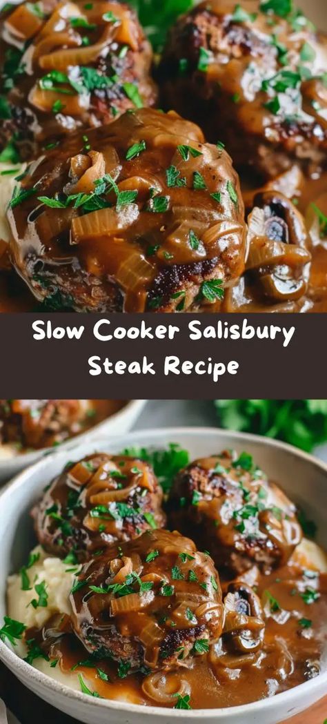 Slow Cooker Salisbury Steak Recipe Slow Cooker Steak Recipes, Best Salisbury Steak Recipe, Crockpot Steak Recipes, Salisbury Steak Crockpot, Salisbury Steaks, Fall Slow Cooker Recipes, Salisbury Steak Recipe, Slow Cooker Steak, Slow Cooker Salisbury Steak