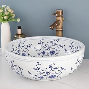 Lonuebu Bathroom Vessel Sink Blue and White Ceramic Vintage Sink with Art Faucet and Pop-up Drain Combo Colorful Vessel Sinks for Bathrooms and Vanity Art Porcelain Bathroom Sink Above Counter 16 Inch Floral Sink, Sink Basin, Ceramic Basin, Basin Sink, Sink Bathroom, Vessel Sink, Bathroom Sink, Drain, Faucet