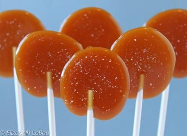 Salted Caramel Lollipops - (c) 2015 Elizabeth LaBau Mango Products, Caramel Lollipops, Lollipop Guild, Homemade Lollipops, Candy Fudge, Hard Candy Recipes, Lollipop Recipe, Candy Ideas, Sugar Candy