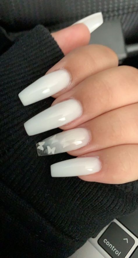 Thank you for your support😇 I would be happy if you subscribe to my instagram and pinterest page💜 Acrylic Nails Ideas Milky White, Not Basic White Nails, White Nails W Butterflies, Cloud White Nails Acrylic, Soft White Coffin Acrylic Nails, Ombre Nail Designs With Butterflies, White Nails Butterflies, White Butterfly Nails Acrylics, Milky White Nails With Butterflies