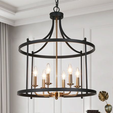 Charlton Home® Setser 6 - Light Lantern Drum Chandelier | Wayfair Black Foyer Chandelier Entryway, Farmhouse Master Bath Lighting, Black And Gold Foyer Light, Modern Rustic Chandelier Entryway, Black Foyer Lighting, Entry Chandelier Entryway, Gold Light Fixture Kitchen, Black Drum Chandelier, Foyer Chandelier Entryway