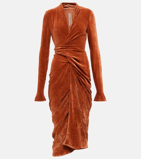 Velvet Wrap Midi Dress in Orange - Rick Owens | Mytheresa Coktail Dress, Rick Owens Dress, Isabelle Huppert, Creative Stuff, Christy Turlington, Wrap Midi Dress, Suede Dress, Christopher Kane, Looks Chic