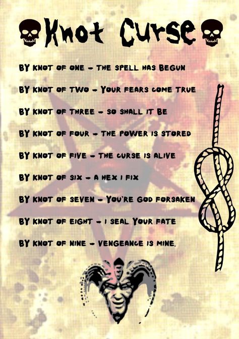 Difficulty: Easy

 

Needed: 
 • A black cord
 • The person's name
 • optional: Raven feathers or notes with every ill wishing for the person to be cursed with, a doll, a clean jar, some curse ingredients.

Method:
 • Tie 9 knots in the cord and say the incantation.
 • Tie the ladder on a branch of a tree far from your residence - best if it will be where the victim lives.
 • If you're going for the doll and jar then bind the doll with the ladder, place it in the jar along with some cursing ingredients and place the curse someplace hidden so it will remain undisturbed. Raven Feathers, Karma Spell, Witches Ladder, Curse Spells, Candle Magic Spells, Hoodoo Spells, Banishing Spell, Scary Eyes, Charmed Book Of Shadows