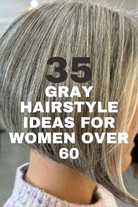 A sleek, angled gray bob hairstyle styled for a sophisticated and elegant appearance. Gray Hair Blending Highlights, Hair Color Gray Highlights, Gray Hair With Brown Highlights, Natural Grey Bob Hairstyles, Hair Highlights For Greying Hair, White Hair With Lowlights Over 50, Gray Hair And Glasses, Colors To Wear With Gray Hair, Shoulder Length Gray Hair With Layers