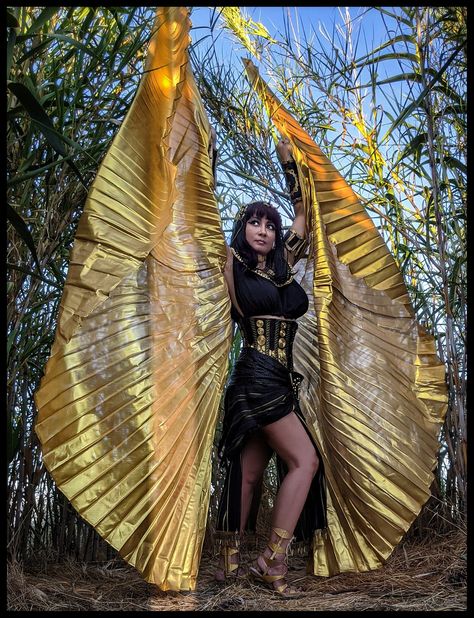 Costumes designed and made by Mythos Cosplay Photo by Michael Burian Bastet Goddess Costume, Ancient Egyptian Goddess Costume, Sphinx Costume, Anubis Halloween Costume, Egypt National Costume, Egypt Cosplay, Egyptian Fantasy Outfit, Egyptian Steampunk, Egyptian Cosplay