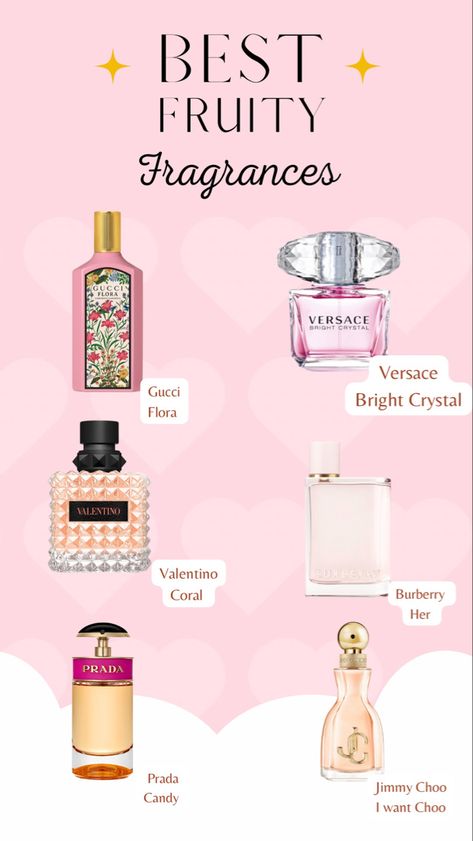 These are some of my favoeite fruity fragrances. Some of these perfumes have a hint of floral. You will love these fruity scents, and so will others around you. These fragrances are perfect for summer, spring, and daytime. Floral Scented Perfume, Soft Sweet Perfume, Spring Perfumes For Women 2023, Fruity Smelling Perfume, Sweet Fragrances For Women, Soft Floral Perfume, Fruity Fragrance For Women, Best Floral Perfume, Fruity Scented Perfume