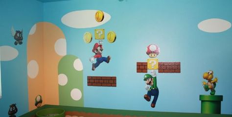 Easy DIY Super Mario Bros. Kids Bedroom - GameRevolution Boys Bedroom Ideas Gamer, Mario Bros Room, Super Mario Room, Mario Und Luigi, Mario Room, Brothers Room, Mario Brothers, Video Game Room, Boy Bedroom