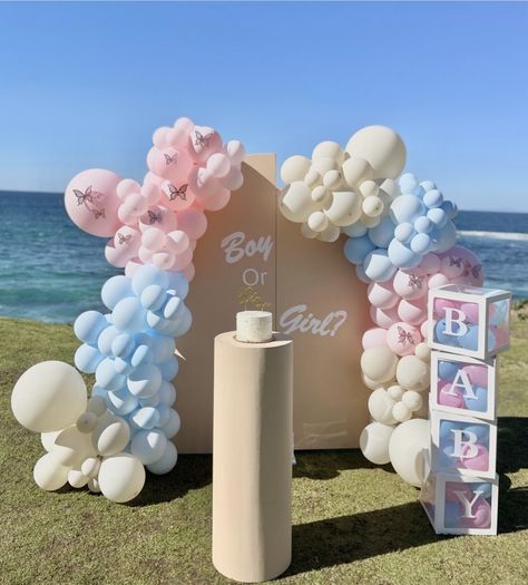 Gender Reveal Setup Ideas, Pink And Blue Gender Reveal Decorations, Pastel Pink And Blue Gender Reveal, Cute Gender Reveal Ideas, Pink Blue Gender Reveal Decor, Gender Reveal Blue And Pink Theme, Gender Reveal Pink And Blue, Cute Gender Reveal, Gender Reveal Backdrop